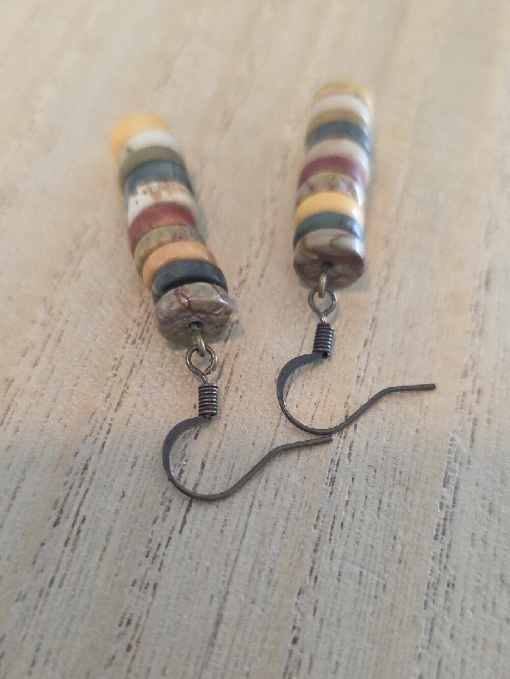 Handmade Stacked Earth-Tone Bead Drop Earrings - Picture 3 of 6